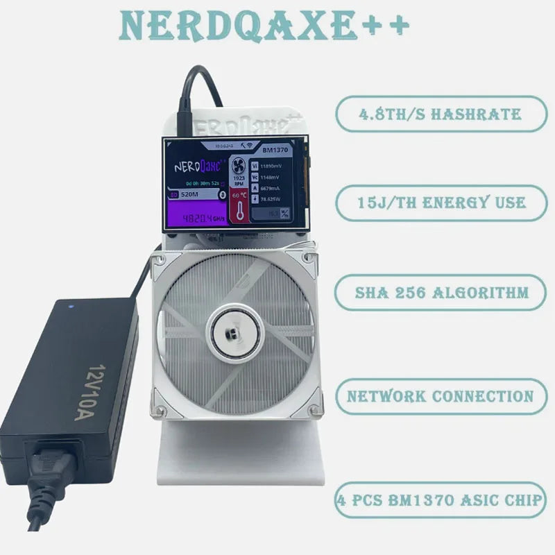 2025 New Bitaxe NerdQaxe++ BTC Solo Miner 4.8T-5TH/S 80W 4XBM1370 ASIC Chip Open Source Bitcoin Crypto Miner Silent Miner