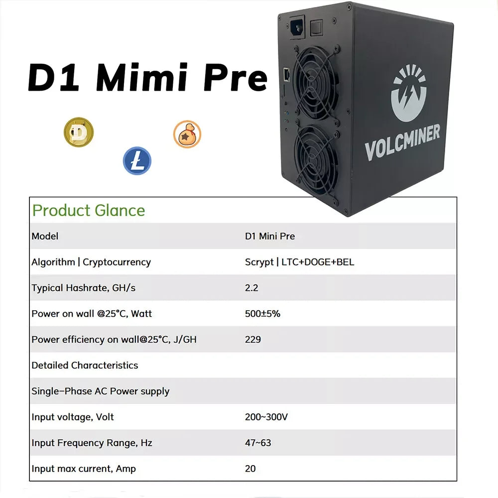 New VolcMiner D1 Mini Pre Miner LTC&Doge Coin Mining Machine 2.2Gh/s 500W Asic Miner  in Stock