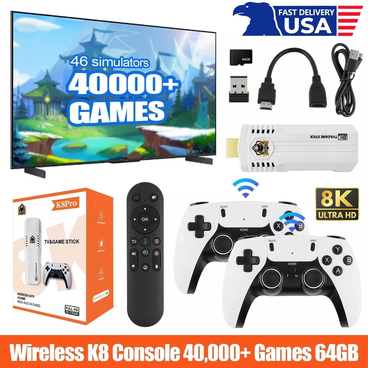 HDMI 8K TV Game Stick Console Built-in 64GB 40000+Retro Games+2 Wireless Gamepad