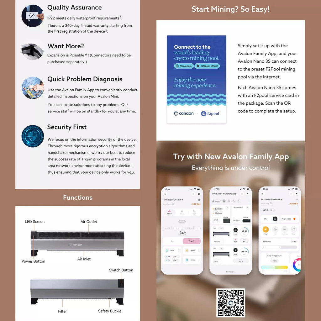 New Arrive Canaan Avalon Mini 3 37.5Th/s 800W BTC Miner Household Baseboard Heater Avalon Mini 3 Bitcoin Miner in Stock