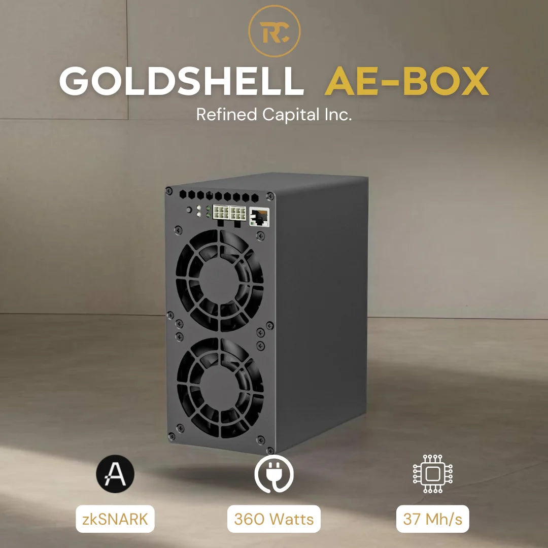 Goldshell AE-BOX is an ASIC miner designed for zkSNARK algorithm specifically targeting ALEO Aleo hashrate of 37Mh/s 360W Power