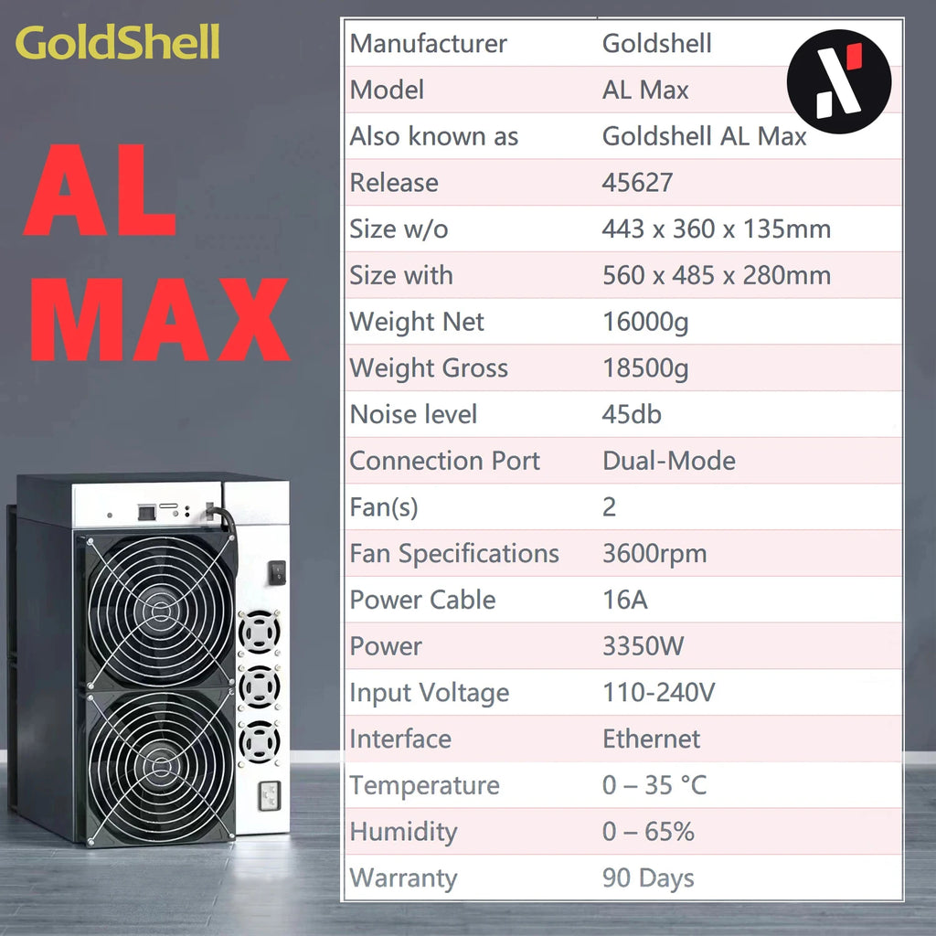 Goldshell AL Max 8.3Th/s 3350W Alephium ALPH Miner Blake3 Algorithm with Power Supply