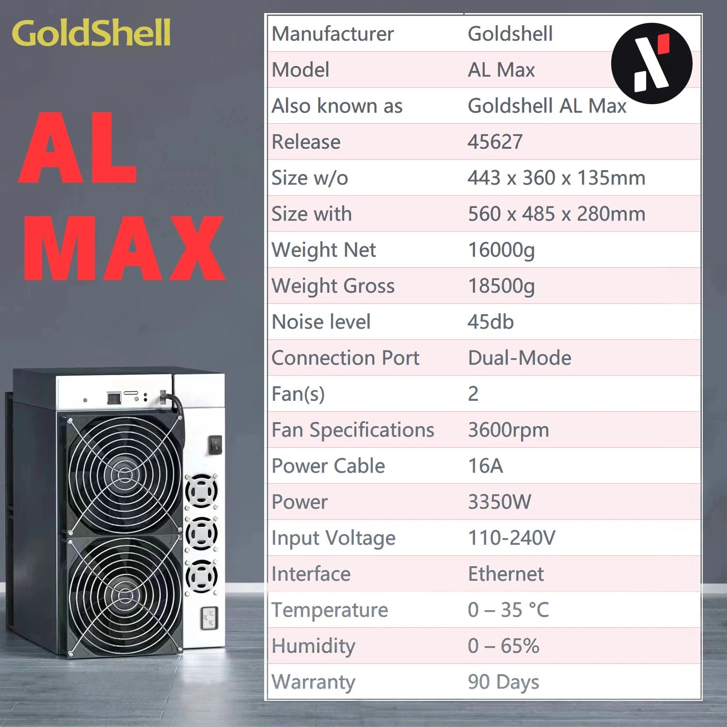 Goldshell AL Max 8.3Th/s 3350W Alephium ALPH Miner Blake3 Algorithm with Power Supply