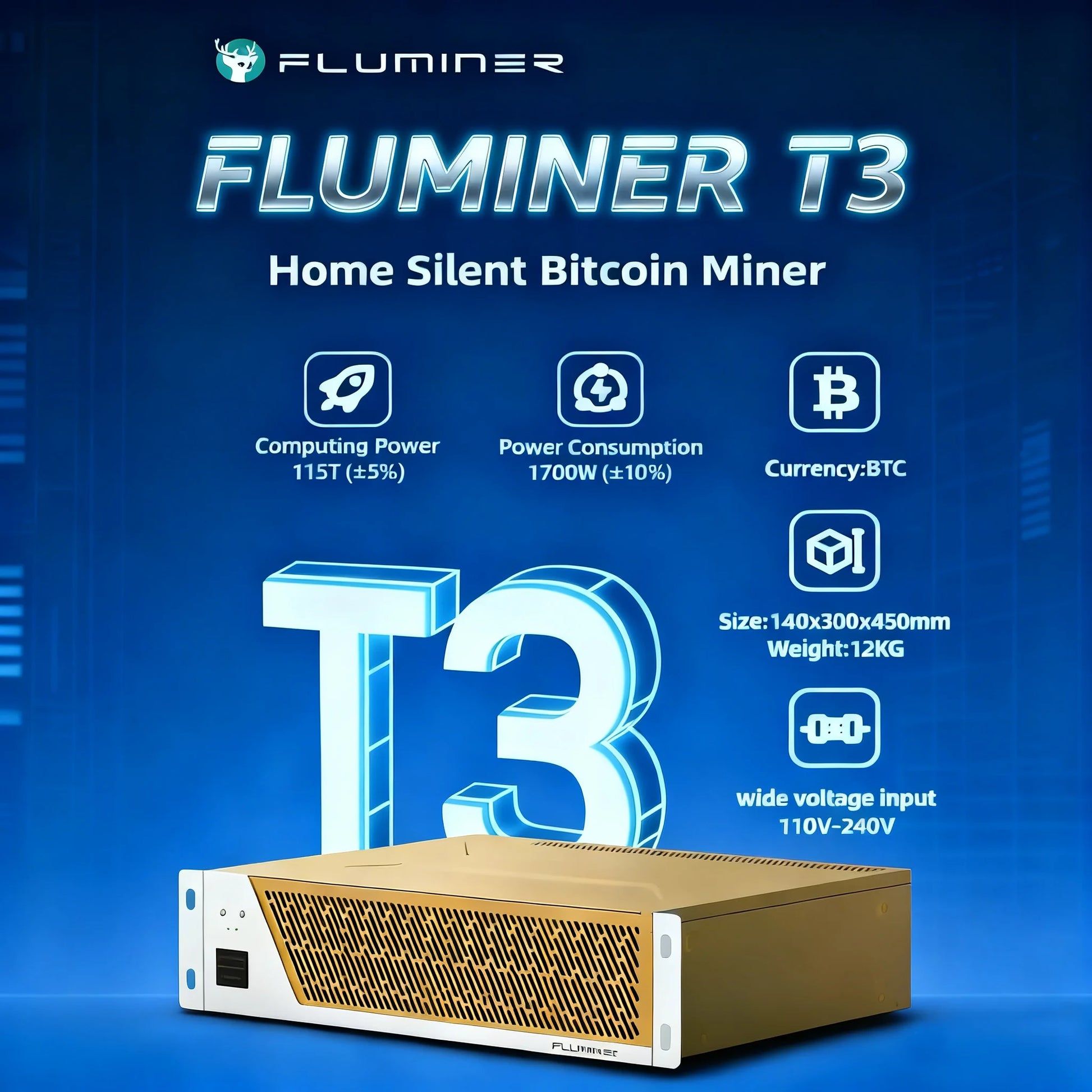 New Fluminer T3 115TH/s Bitcoin Miner 1700W ASIC Miner Quiet Home BTC Mining With PSU BTC Miner 110-240V Support