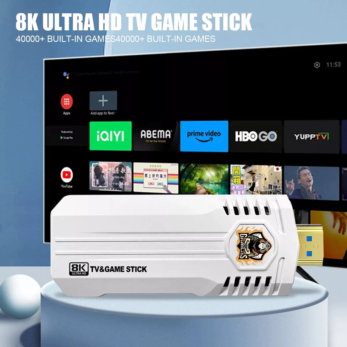 HDMI 8K TV Game Stick Console Built-in 64GB 40000+Retro Games+2 Wireless Gamepad