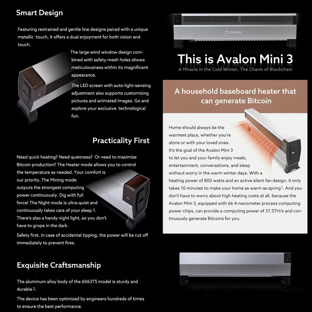 New Arrive Canaan Avalon Mini 3 37.5Th/s 800W BTC Miner Household Baseboard Heater Avalon Mini 3 Bitcoin Miner Shipping on Feb