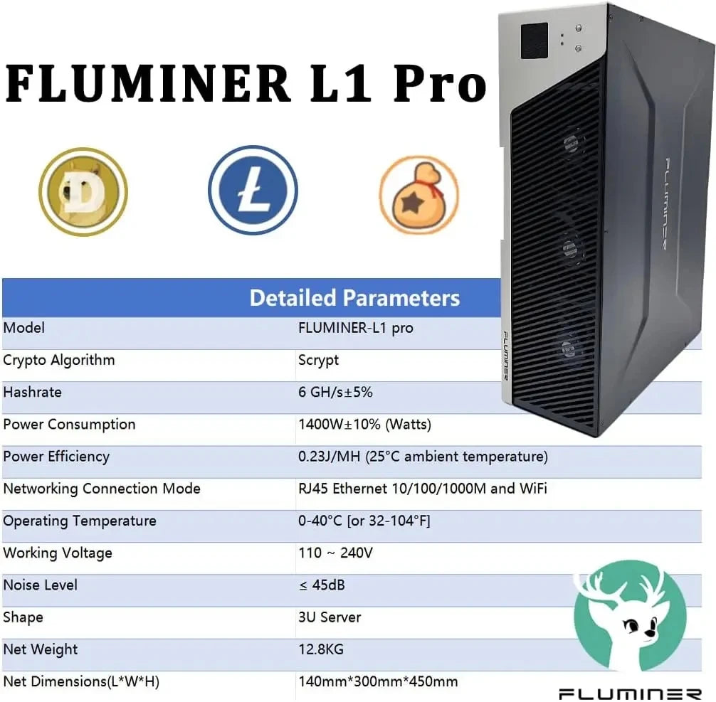Fluminer L1 PRO Doge Miner 6000Mh/s Dogecoin Miner 1400W Low power 110-240V Support Litecoin Miner Low Noise Doge BEL LTC Miner