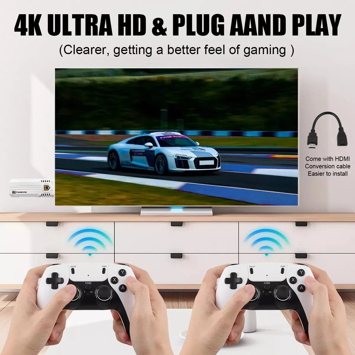 HDMI 8K TV Game Stick Console Built-in 64GB 40000+Retro Games+2 Wireless Gamepad