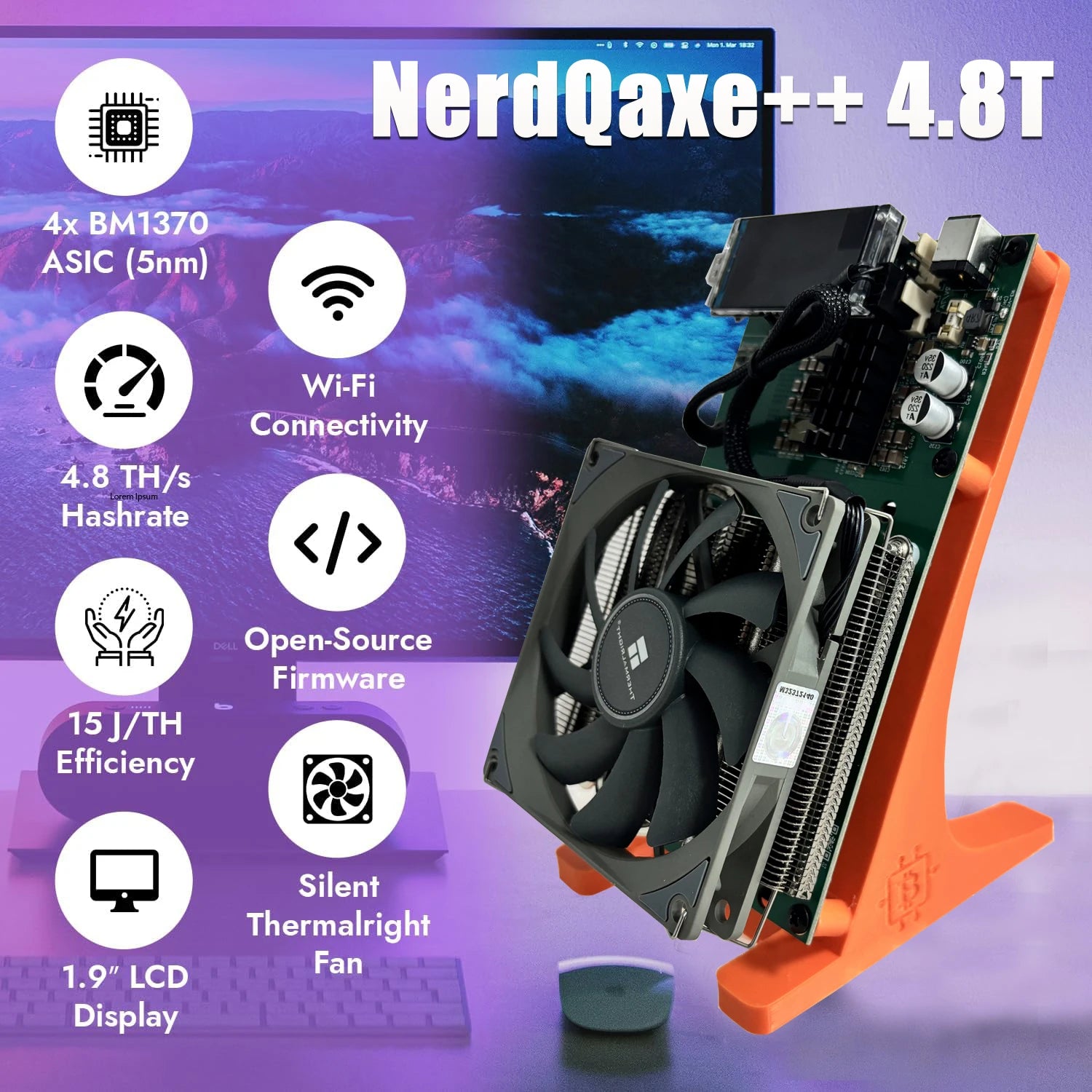 Bitaxe NerdQaxe++ Silent Bitcoin Miner Crypto Mining Device for Home, Low Noise, Energy Efficient, USB Powered